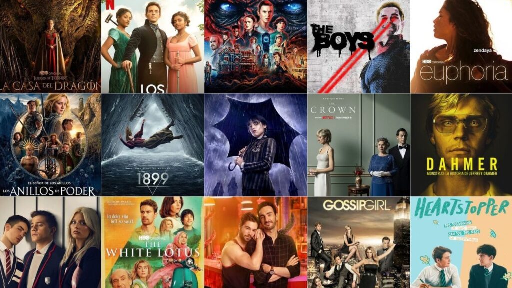 Collage de pósters de series originales famosas de diferentes plataformas.