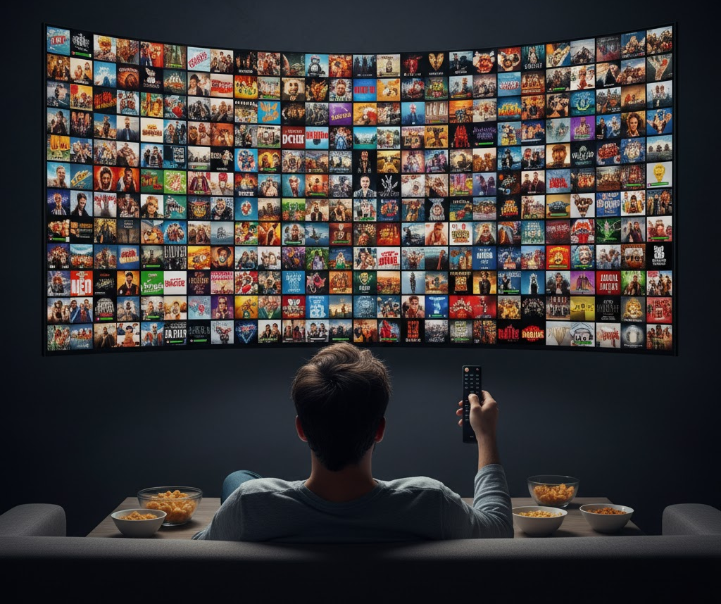 Imagen de un usuario confundido navegando entre cientos de miniaturas de series